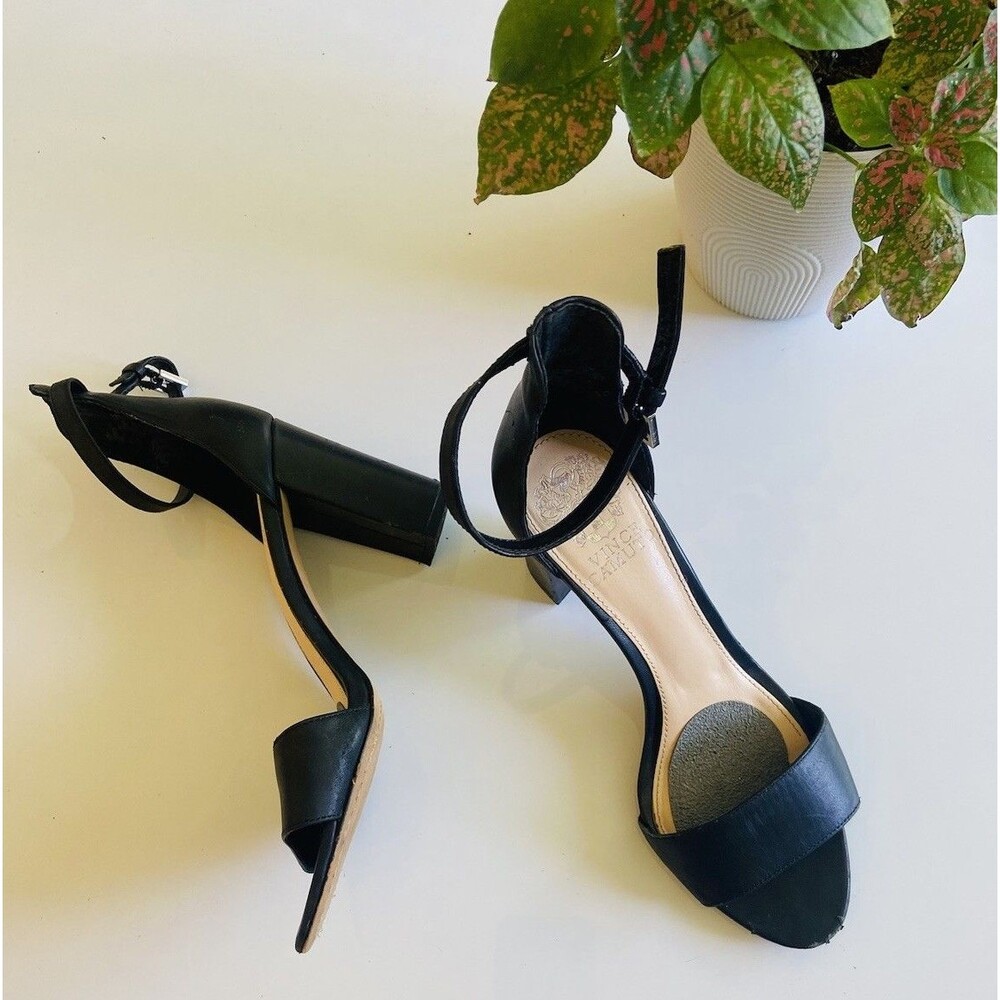 Vince Camuto Black Leather Buckle Strappy Sandals Ankle Heel Women's 7.5 Dressy